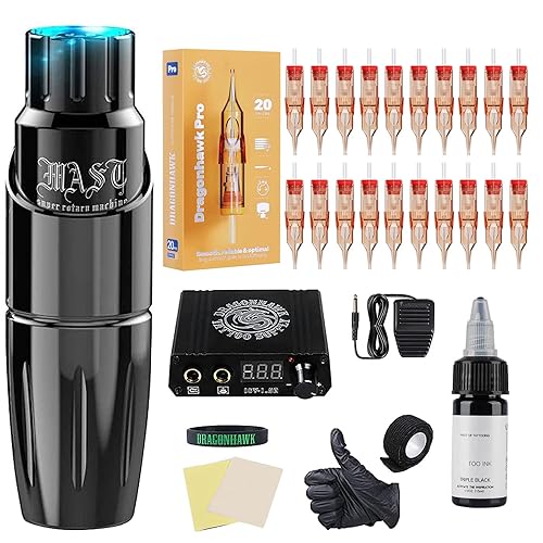 Dragonhawk Kit completo de máquina de bolígrafo de tatuaje giratorio para mástil Tour Maquillaje permanente, 20 unidades, cartuchos, agujas, fuente