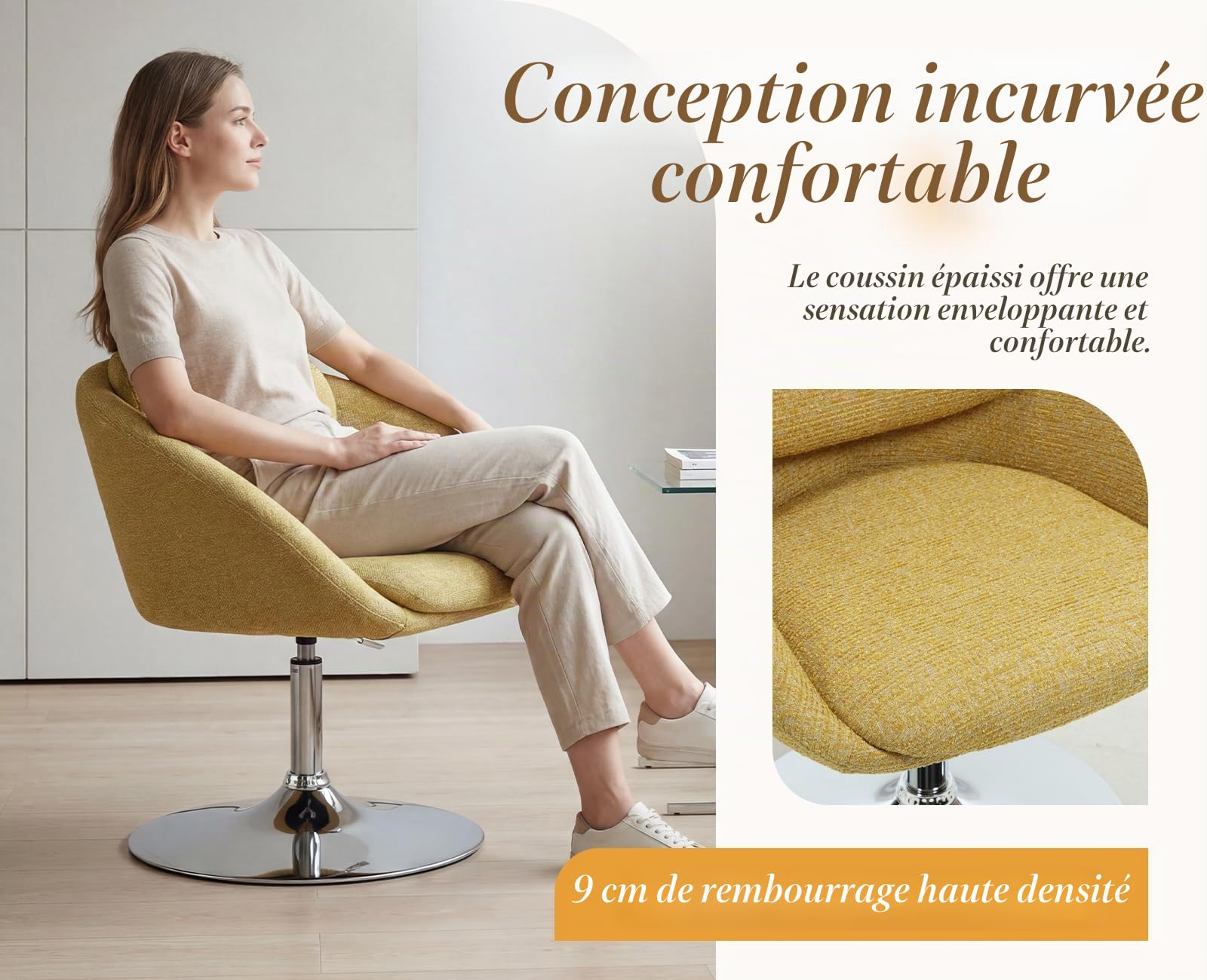 Ya-Home Fauteuil de Salon Moderne en Chenille, Chaise Coiffeuse Design avec Base Ronde Chromée Fauteuil Relax Réglable en Hauteur, Jaune