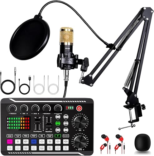 ALSO GO Paquete de equipo de podcast, equipo de podcast con micrófono BM-800 (dorado) y tarjeta de sonido F998, equipo de estudio de grabación para