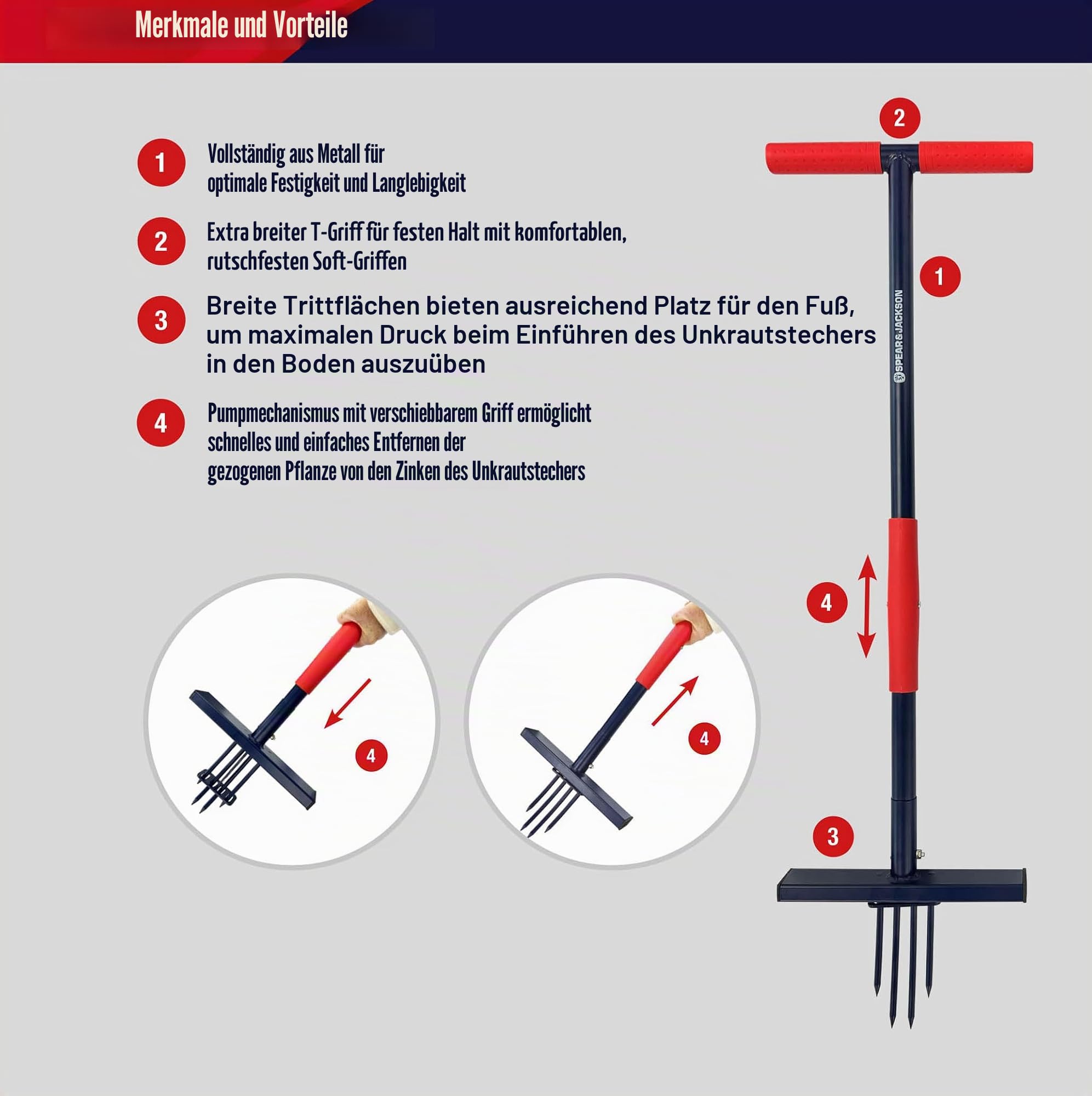 Spear & Jackson 4853UW Ragwort Ultra Unkrautstecher - Langlebiges Ganzmetall-Design, Pump-Action-Mechanismus, rutschfester Griff, ideal zum Entfernen von invasivem Unkraut und Ragwort