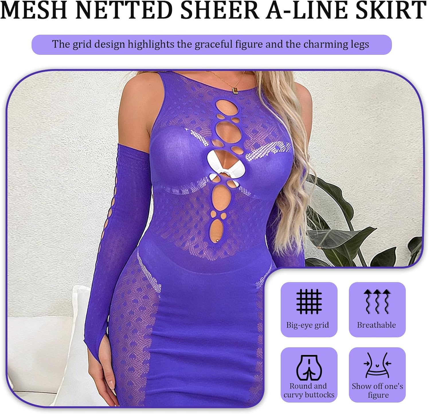 FRENZCOY Women Lingerie Fishnet Bodysuit Sexy Long Sleeve Fishnet Dress One Size Mesh Chemise