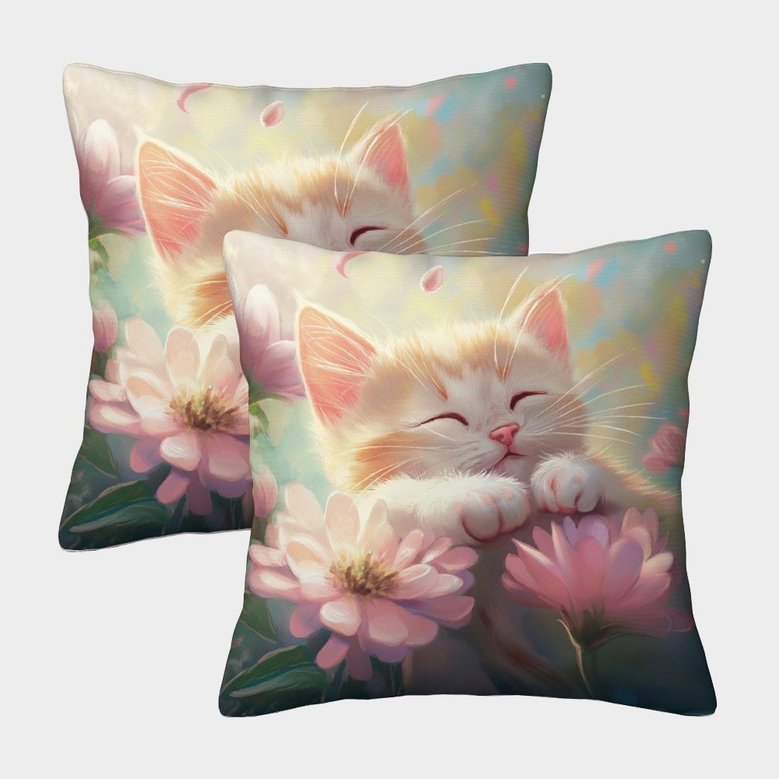 kaiyun 2 Pack 50x50cm Pillow Cases,Cute Cat,Flower Decorative 3D Printed Cushion Cover,sofa Bed Decorative Cushions
