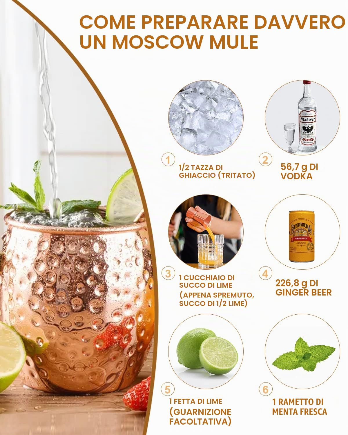 LIVEHITOP Moscow Mule Set 4 Bicchieri Rame 19,5Oz Tazze con Sottobicchiere