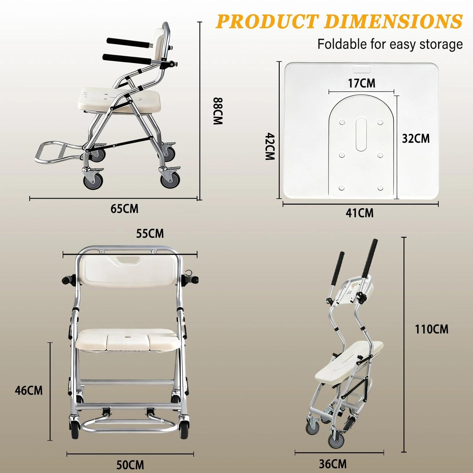 Silla de Ducha con Ruedas y Respaldo Desmontable, Carga 120kg