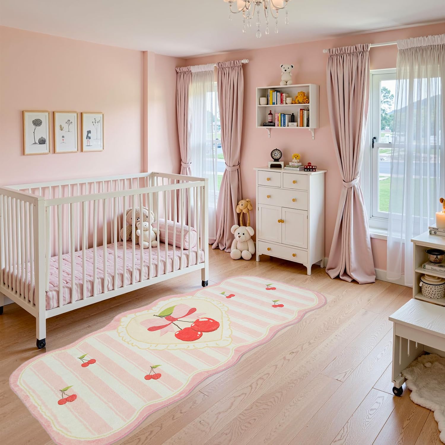 USTIDE Pink Oval Kids Runner Rug Heart Pink Carpet Fluffy and Washable Throw Mat Cherry Bow Cartoon Floor Mat Cute Bedside Rug for Nursery Playroom