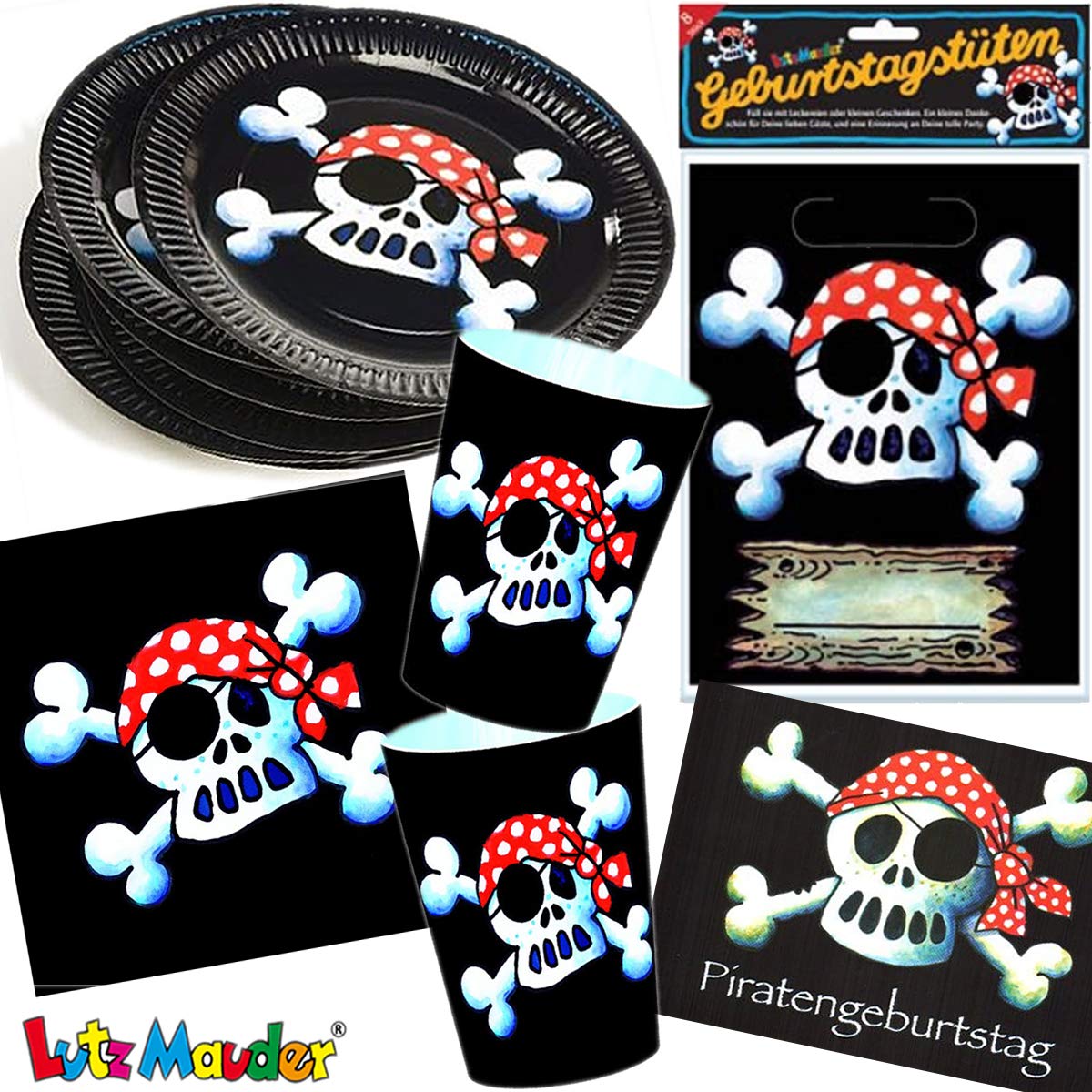 36-teiliges Piraten Mottoparty-Set – Teller, Becher, Servietten & Luftballons, Jolly Roger Design, Für Kindergeburtstage