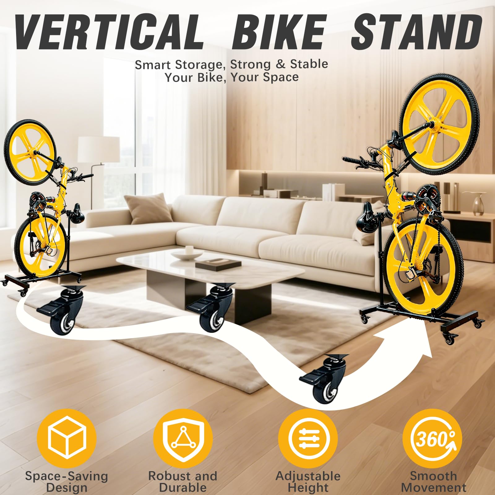 BRGD Support Vertical de Vélo avec Roues 360°, D'intérieur Autonome Capacité de Charge Jusqu'à 50kg, Compatible avec des Pneus Jusqu'à 4 Pouces