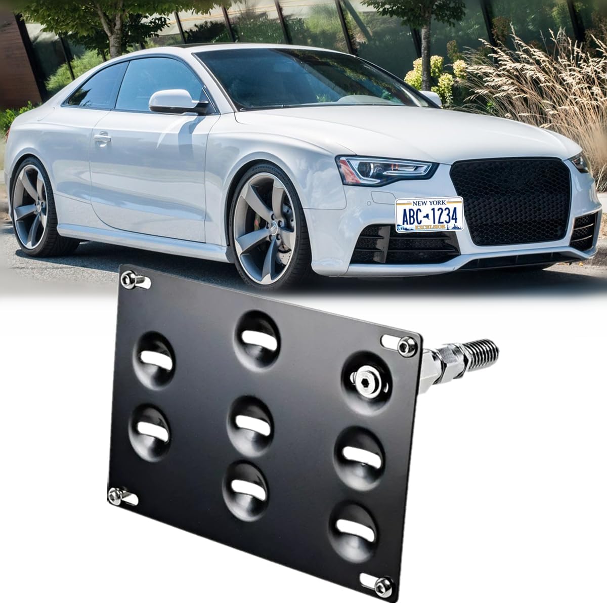 Tow Hook License Plate Mount Relocator Bracket, No Drill Front Bumper License Plate Holder for Audi A4 S4 RS4 B8 08-16, A5 S5 RS5 08-15, A7 S7 RS7, Q5 09-17, TT 15-18, Allroad 13-18 (Style 1)