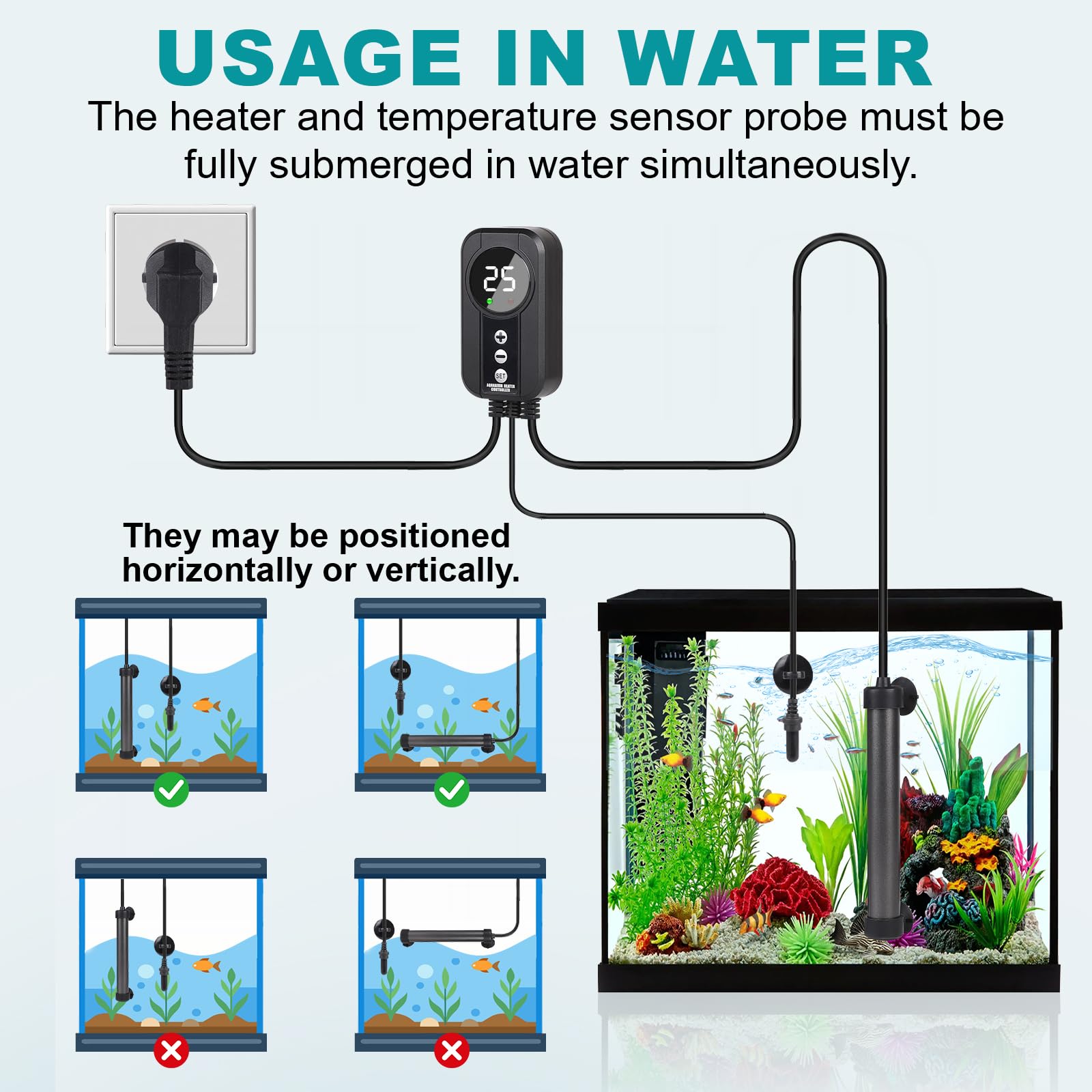 EXLECO Riscaldatore Acquario da 100 W Tubolare in Titanio con Controller a LED e Sensore di Temperatura, Riscaldatore per Acquario Pesce con Temperatura Regolabile, Adatto per Pesci Mini 30-50 Litri