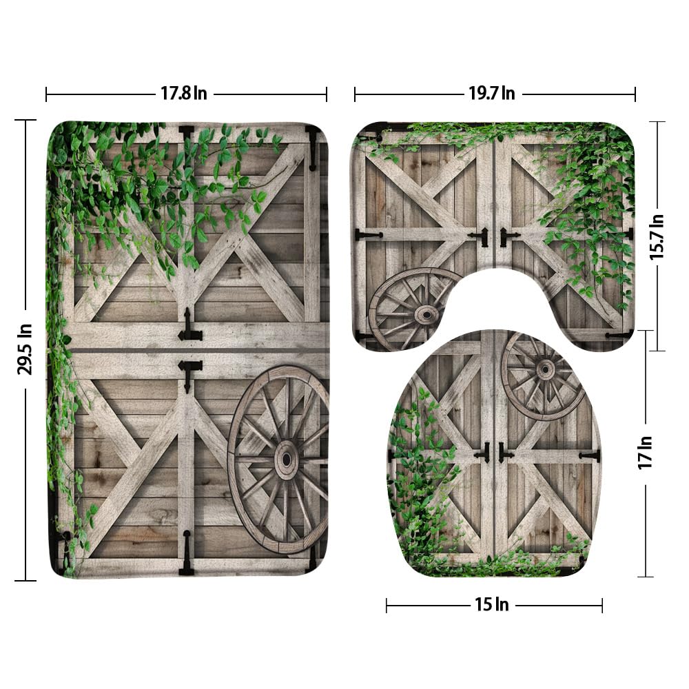 3pcs Rustic Wooden Board Bathroom Sets with Non-Slip Rug,Toilet Lid Cover and Bath Mat,Spring Green Vine Leaves Farmhouse Vintage Wooden Wheels Garage Barn Door Bathroom Carpett Bath Mat Toilet Rugs