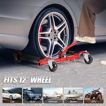 TUFFIOM Car Wheel Dolly Jack Set of 4, Mechanical 6000-lbs Car Skates, 12'' Wheel Vehicle Positioning Jack, Heavy Duty Rollers with Ratcheting Foot Pedal for Tire Auto Repair Moving, Red