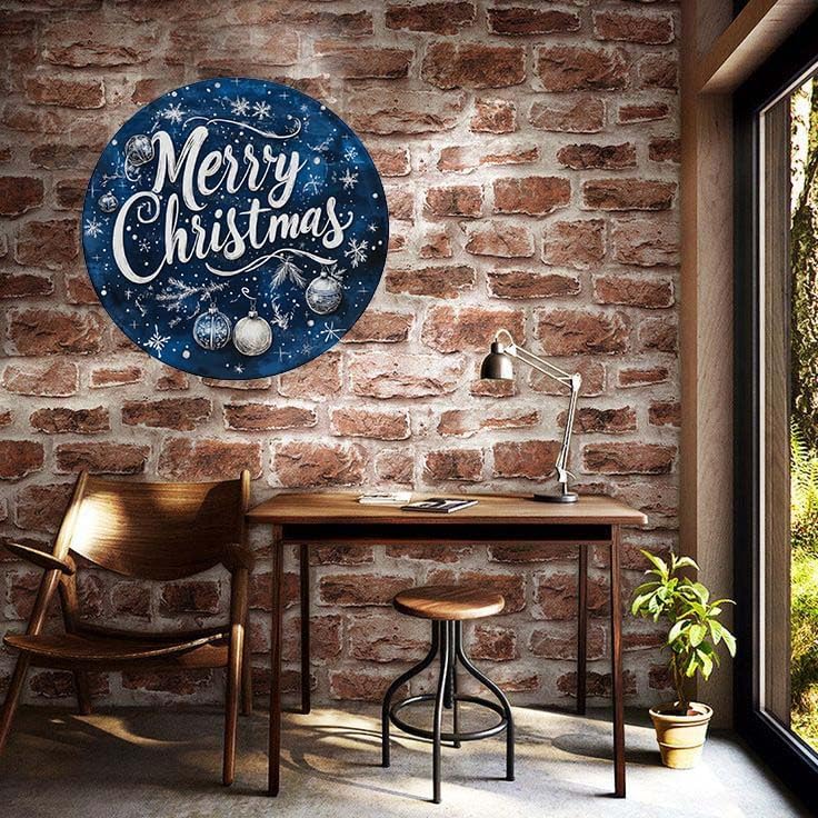 Miniatura 5 de Letrero redondo de hojalata con texto en inglés "Merry Christmas", adorno azul y plateado, letrero retro de aluminio para cocina, jardín, patio,