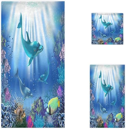 Naanle Beautiful Underwater World Dolphins Fish Coral - Juego de 3 toallas decorativas de lujo, 1 toalla de baño+1 toalla de mano+1 toallita,