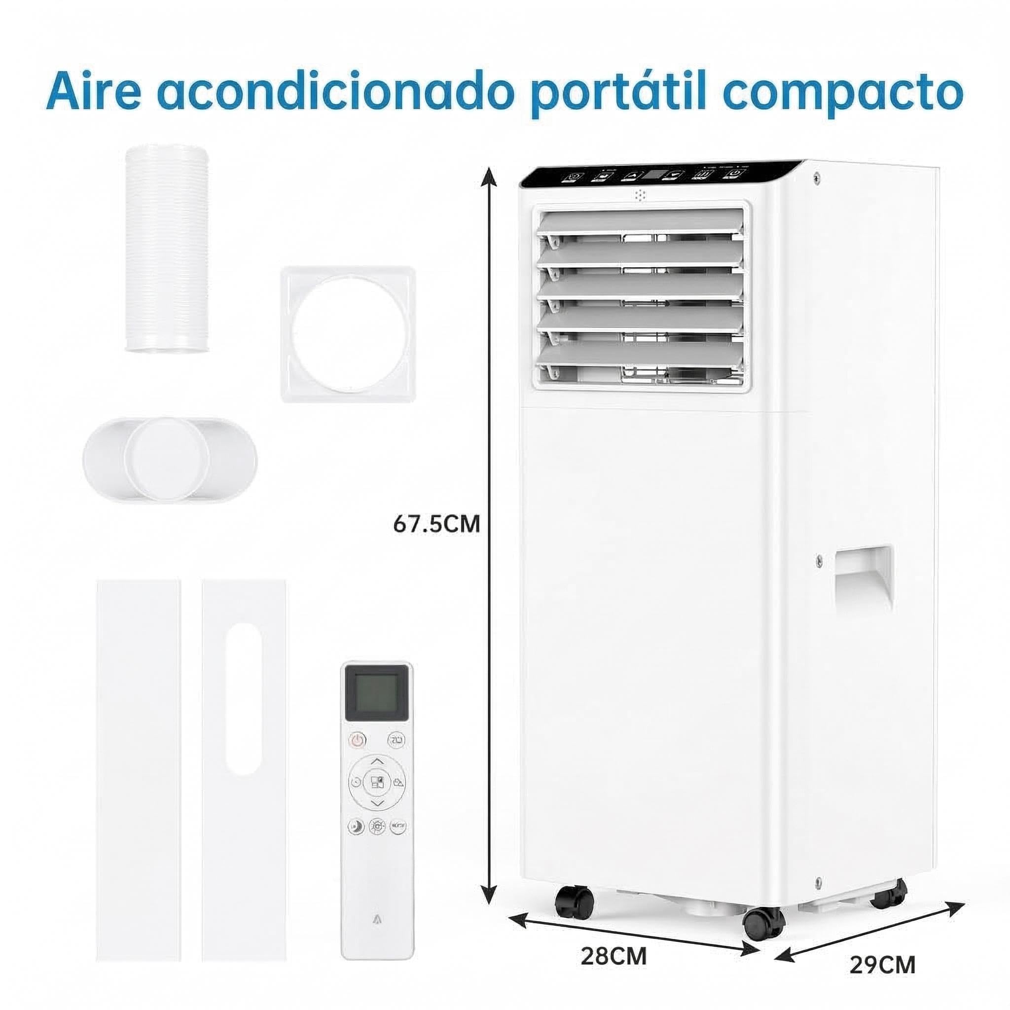 Aire acondicionado portátil 7000 BTU 2,0 kW(con mando a distancia), bajo consumo energético, pantalla LED, 4 modos, 2 velocidades de ventilador, 20 m², temporizador de 24 horas