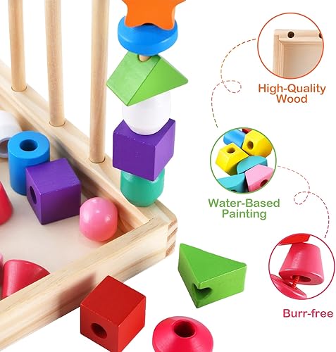 Miniatura 5 de Montessori - Juego de secuenciación de cuentas para niños, juguetes de cuentas de madera para niños pequeños, apilador de forma de color a juego