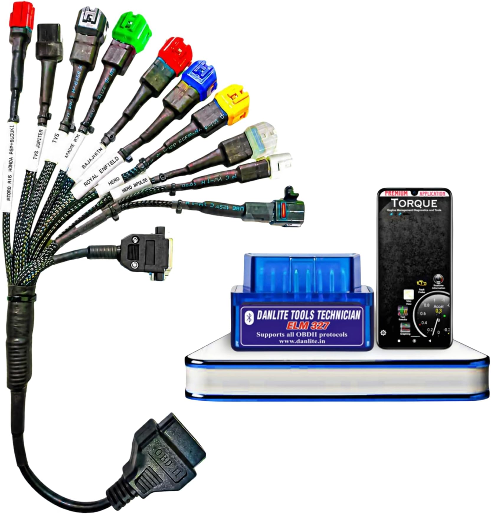 DANLITE TOOLS TECHNICIAN BS6-BS7 Bike Scanning Cable with Black OBD-II Scanner with Multi Colors Cable [11 Coplar] Connectivity Free Application