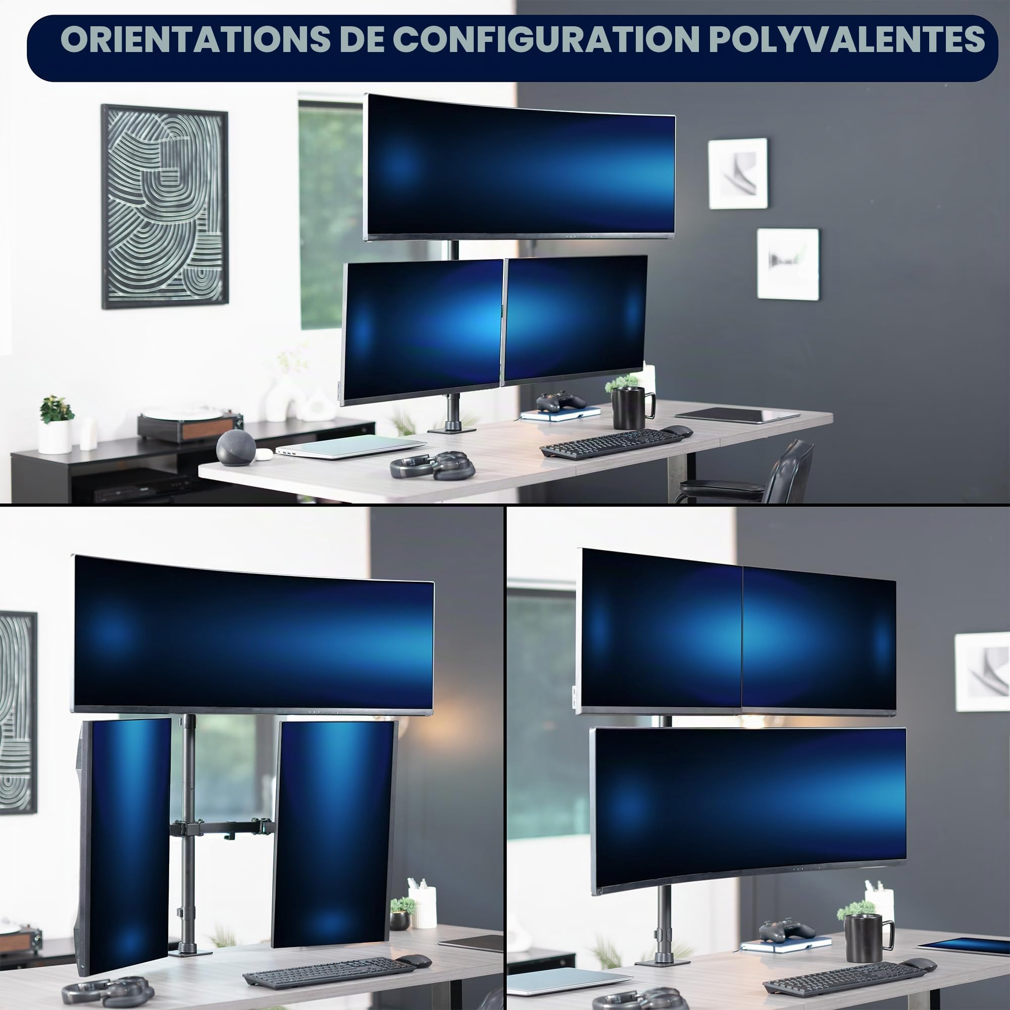 Vivo STAND-V103T Support de Bureau Extra Haut pour écrans jusqu'à 49" sur Support Central et écrans de 27" sur Supports latéraux, Peut Supporter jusqu'à 20 kg, Noir