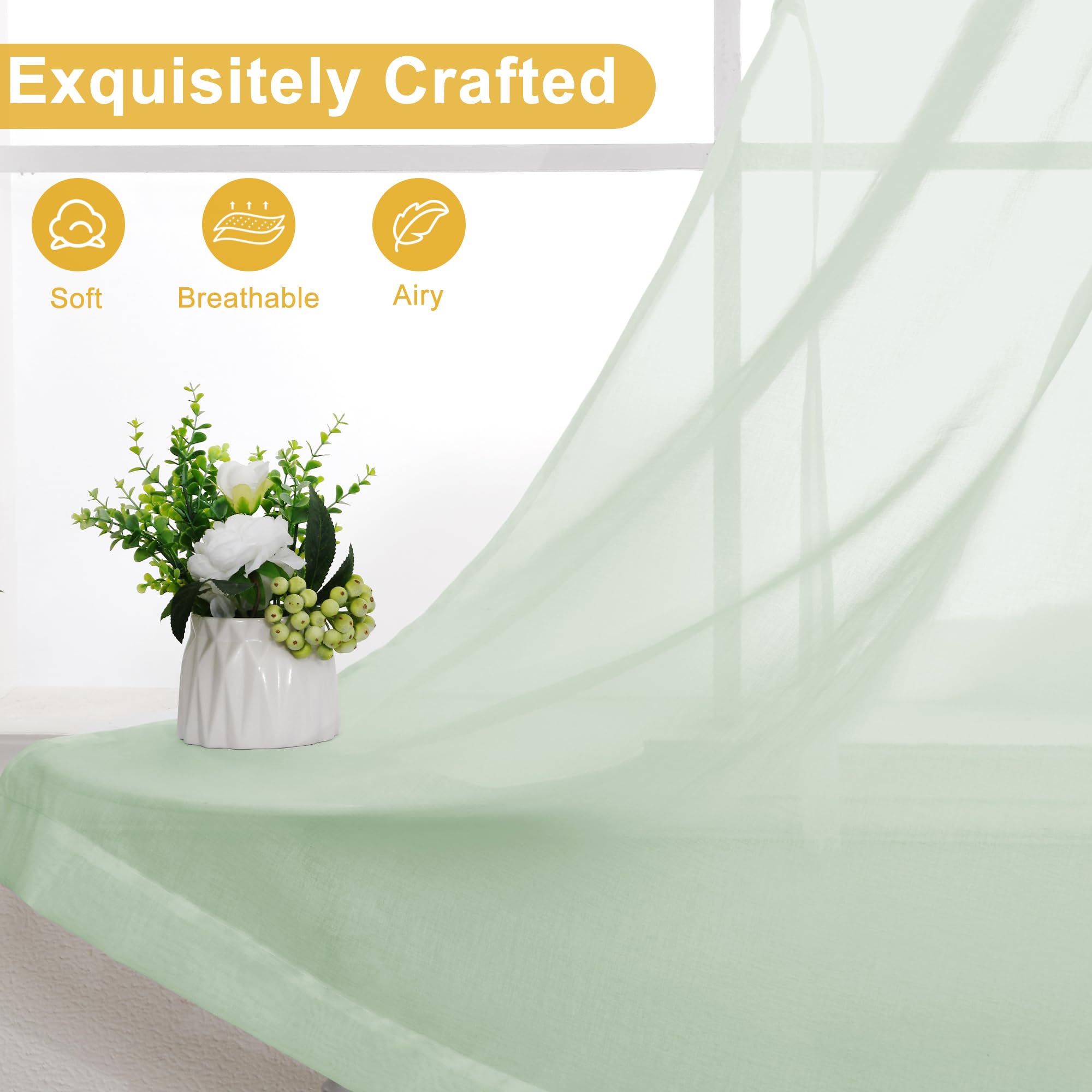 DWCN - Tende in voile con nastro arricciato effetto lino, 2 pezzi, semitrasparenti, per soggiorno, tende trasparenti, verde, 225x140cm (altezza x larghezza)