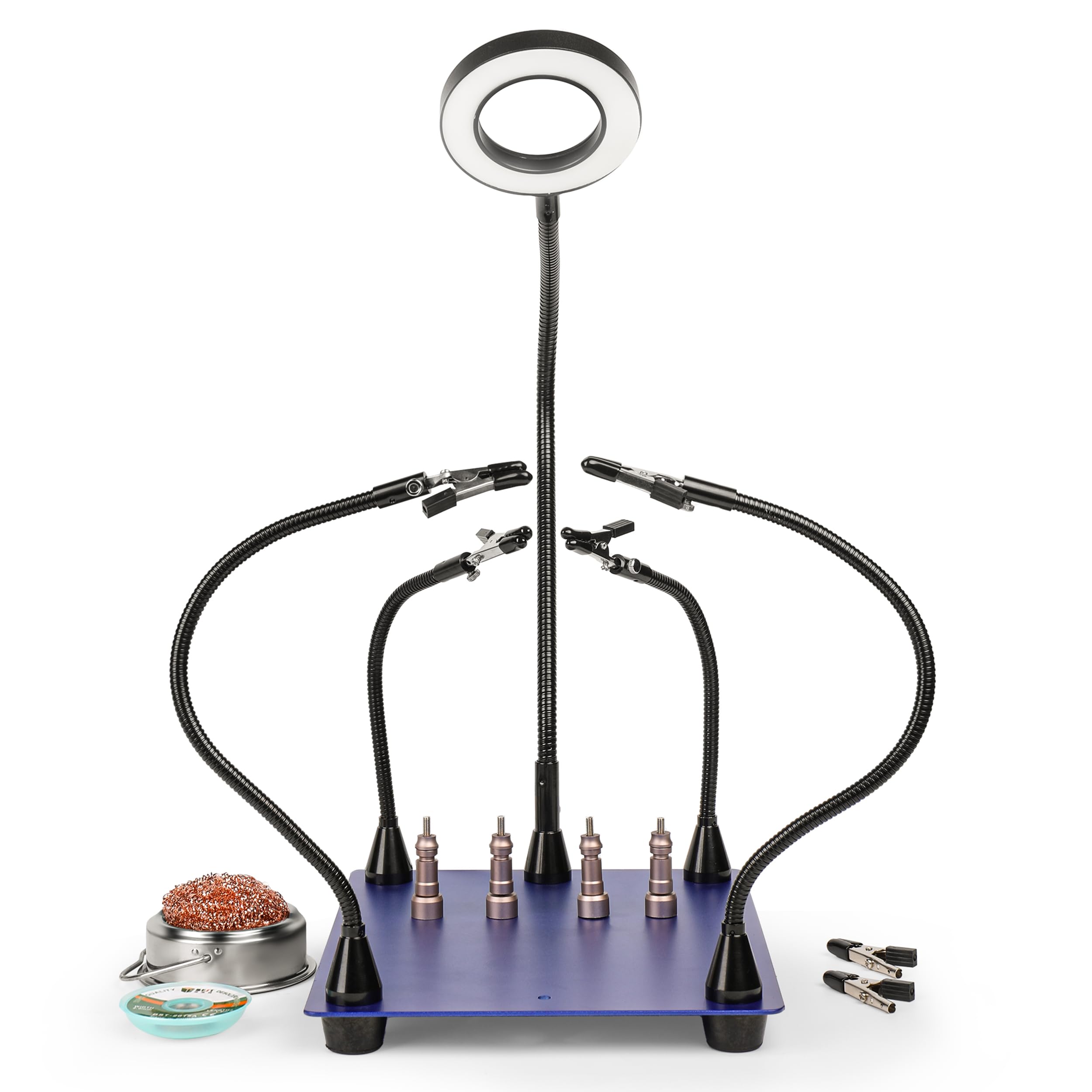 Helping Hands - Stazione di saldatura con lente d'ingrandimento 10X con luce LED, 4 bracci flessibili, grande base in acciaio resistente, supporto per PCB con pulitore in ottone e stoppino dissaldante