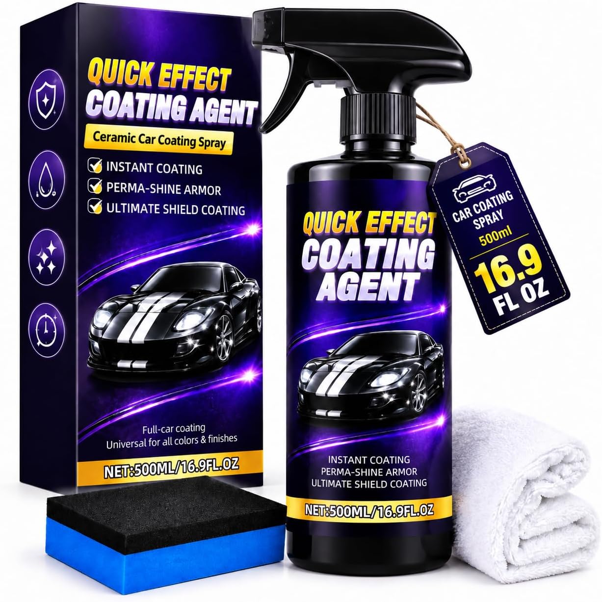 16.9 Fl Oz Quick Effect Coating Agent for Car, Ceramic Coating Spray with Towel & Nano Sponge, Hydrophobic Wax Ceramic Coating, High Gloss Car Polish, Easy Apply for All Surfaces