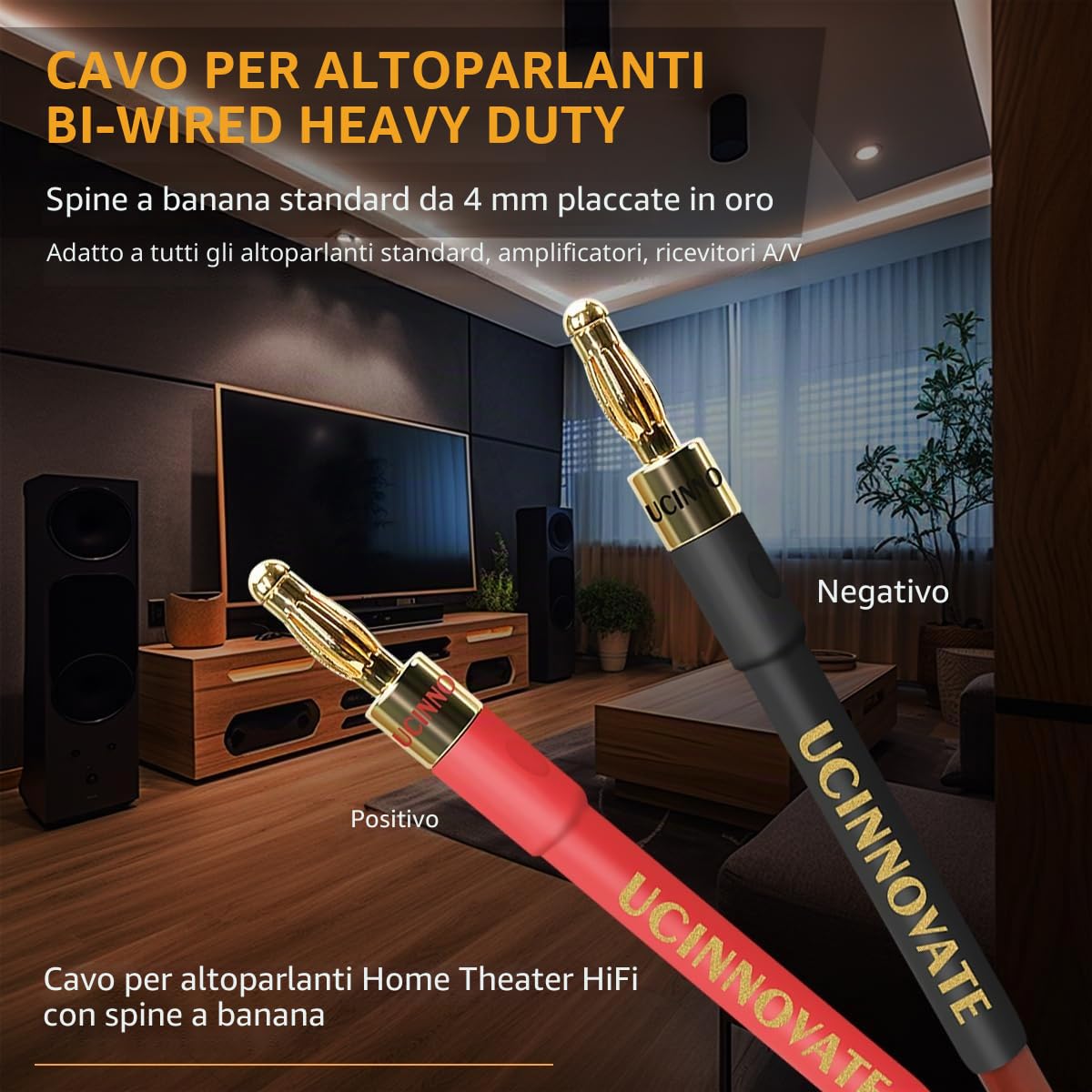 HiFi OFC - Cavo per altoparlante con connettori a banana, 2 pezzi, 4 m, con connettori a banana dorati, 600 fili, 14 AWG per altoparlanti audio, sistemi HiFi, home theater