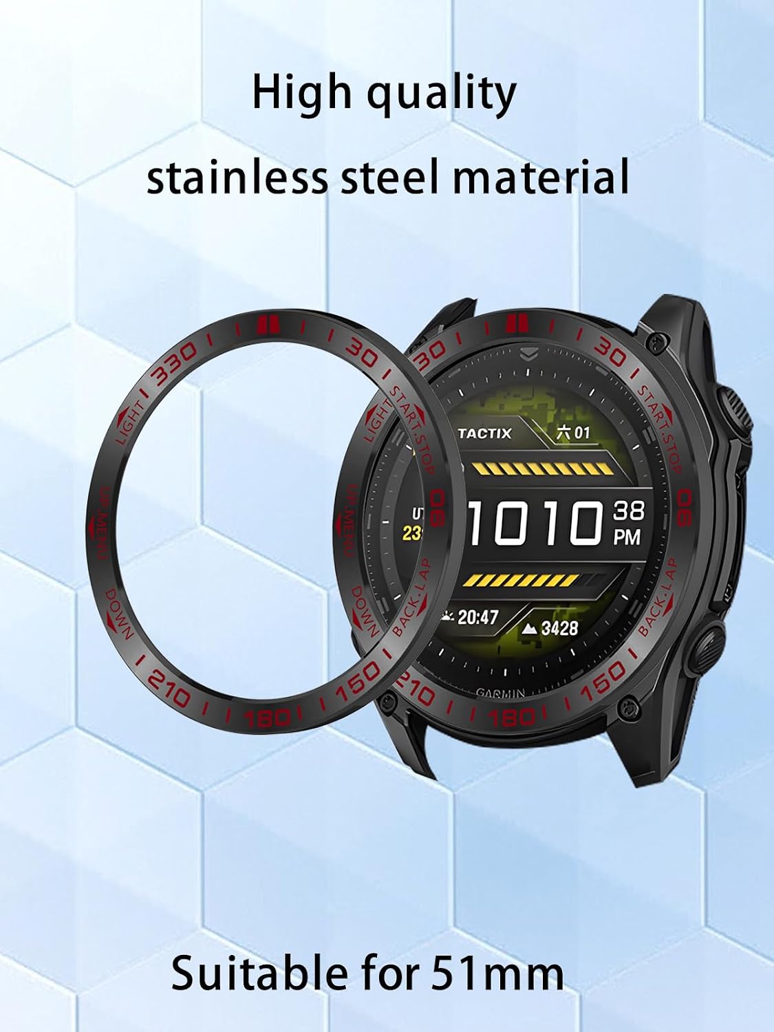 Watch Bezel for Garmin Tactix 8 51mm AMOLED Display Smart Watch, WUNIAK Stainless Steel Polished Adhesive Cover Anti-Scratch Protector Cover Ring for Garmin Tactix 8 51mm (Black) image 2