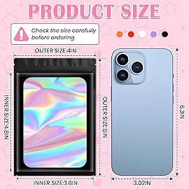 Funfery 50 pcs Assorted Color Smell Proof Mylar Holographic Packaging Bags,Clear Resealable Odor Proof Bag Foil Pouch Zipper Bag for Food Storage,Gloss,Jewelry Packing for Small Business(4x6In)
