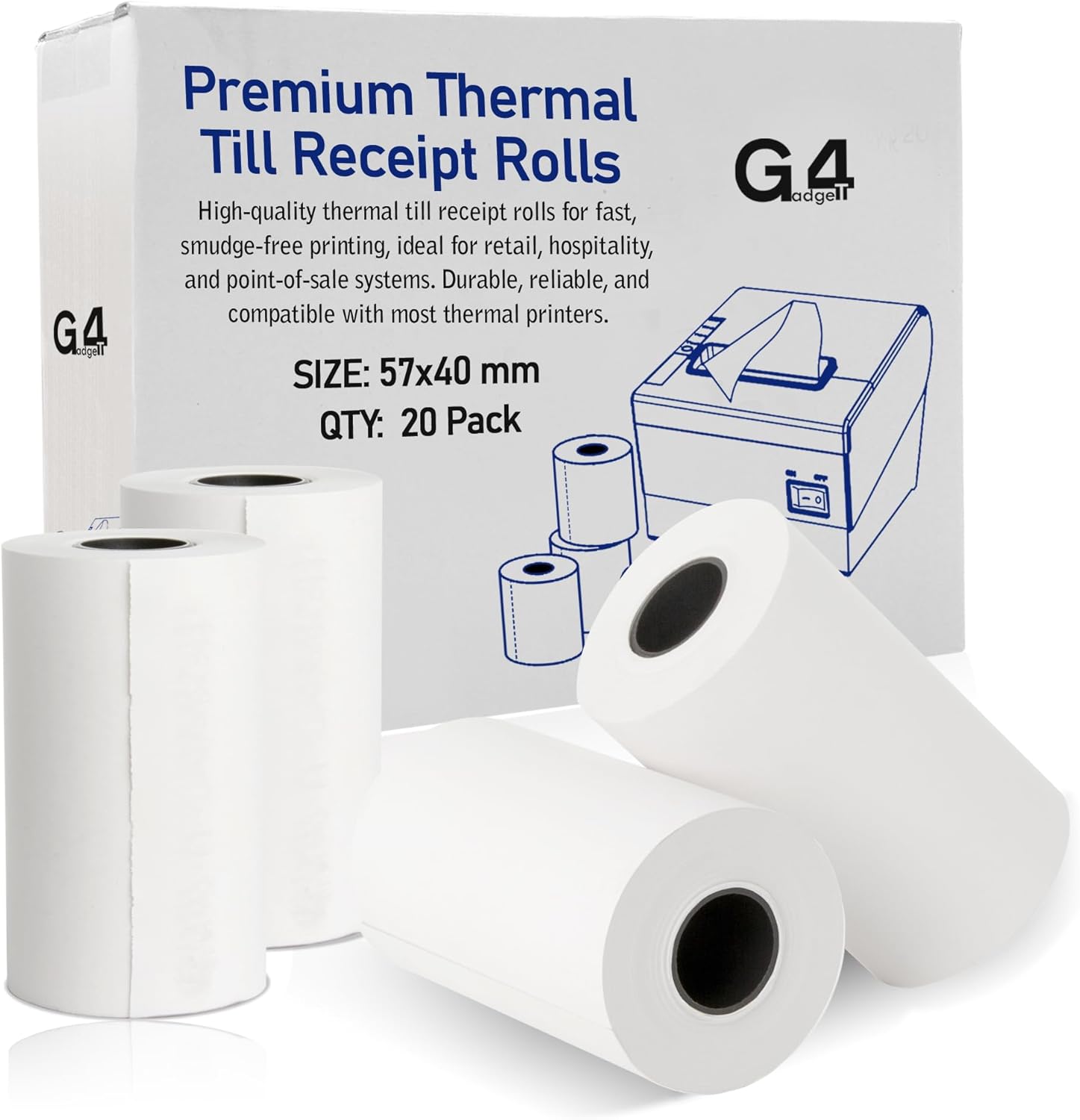 Premium Thermal Till Rolls - 57mm x 40m, 20 Pack - Ideal for Credit Card Machines and Deliveroo Printers