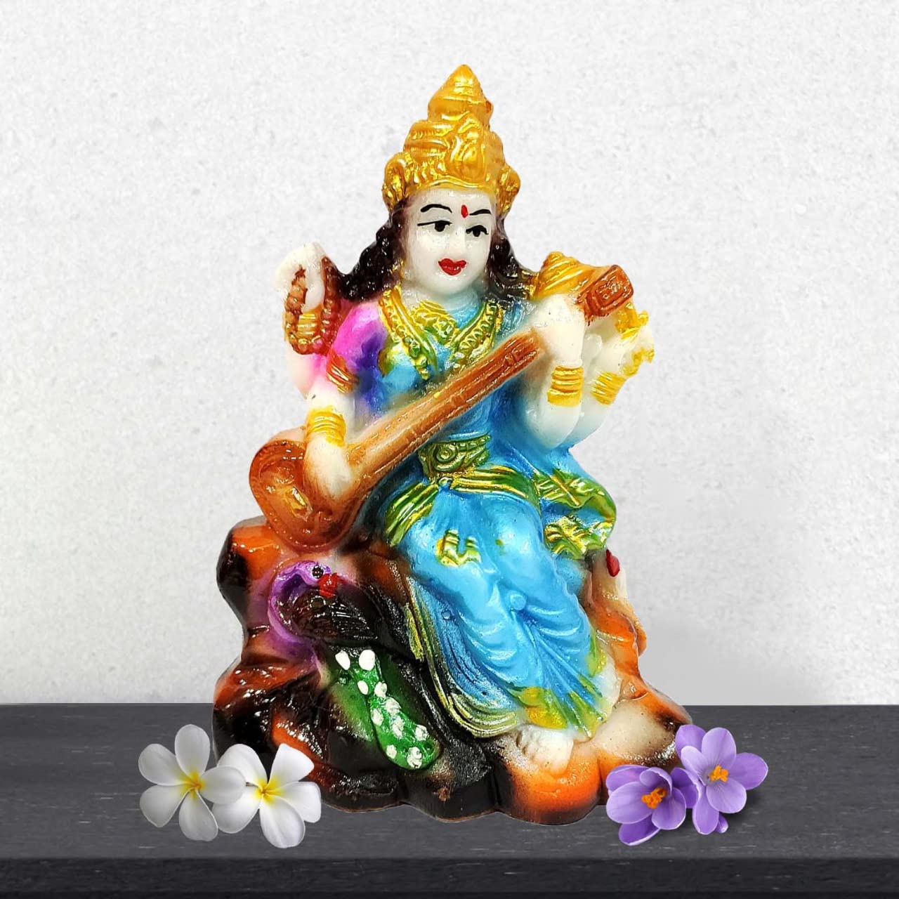 GIFT LIYA KYA Marble Dust Saraswati Idol for Home & Office Temple IVeena Statue I Sarasvati MATA Devi Ma Office God Idols I Living Room I Guest Room I Study Table Home Decor 3 Inch Pack of 1 (Blue)