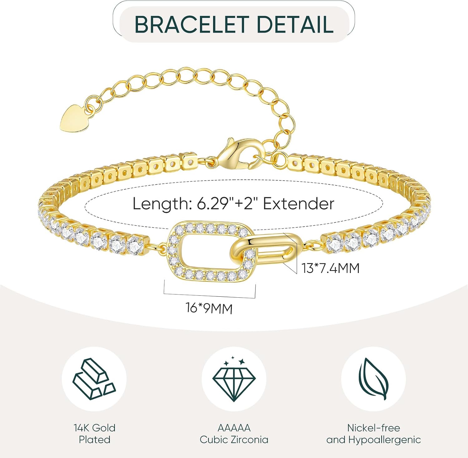 Dainty Gold Tennis Bracelet for Women - 14k Gold Plated Cubic Zirconia Adjustable Paperclip Bracelet Minimalist Stackable Charm Bracelets Trendy Jewelry Gift for Her Birthday, Mother's Day Anniversary