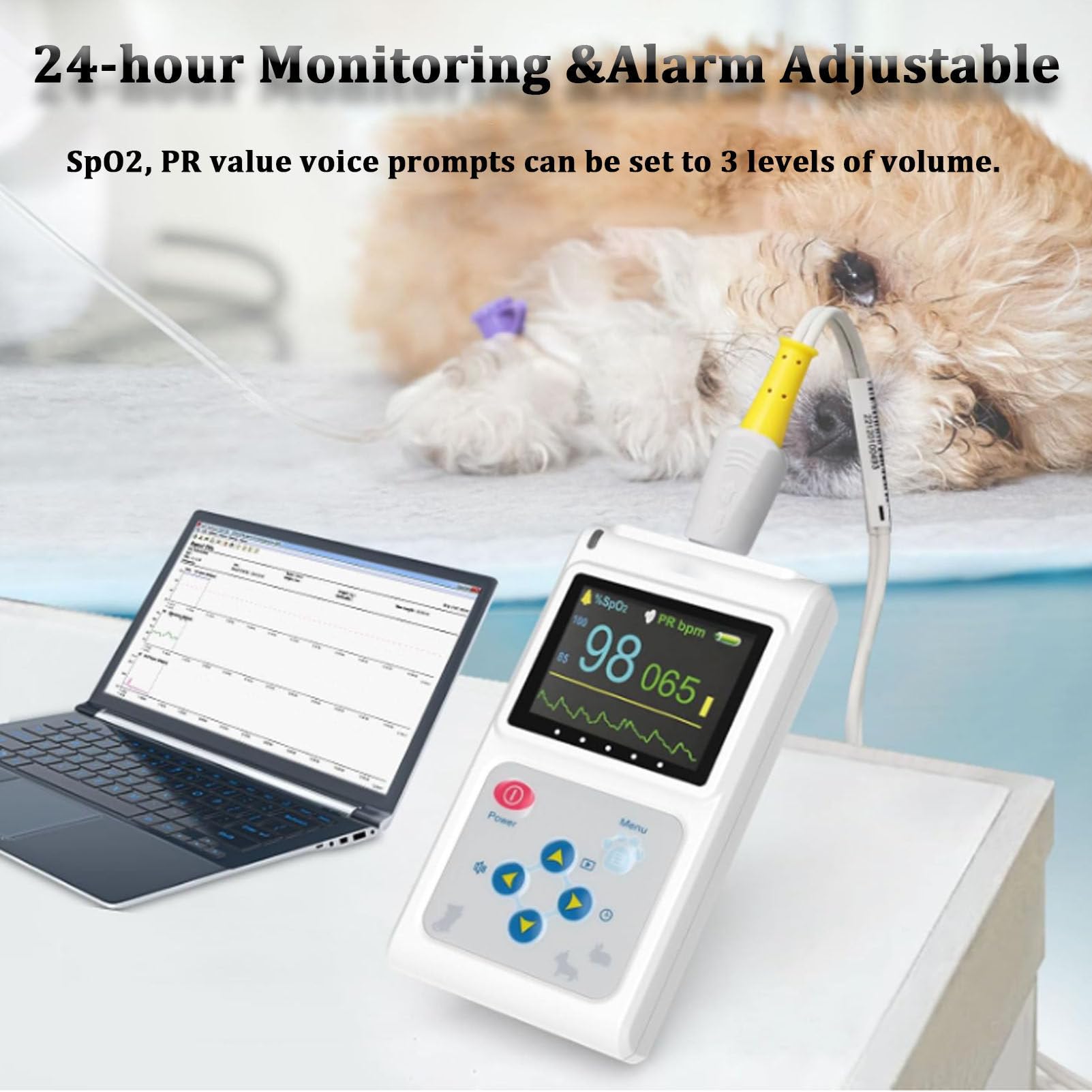 Oxímetro de pulso veterinario, equipo de pulsioxímetro digital portátil para animales, sonda lingual para perros y gatos, fácil de usar y monitor preciso.