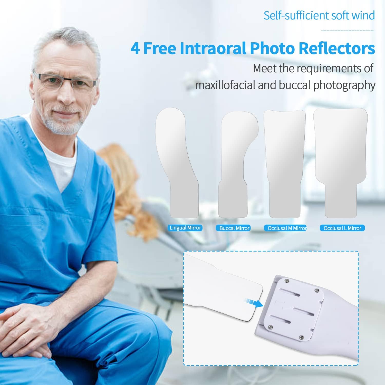 Espejo de fotografía dental sin niebla, espejo LED intraoral con cargador inalámbrico y ventilador, 4 espejos