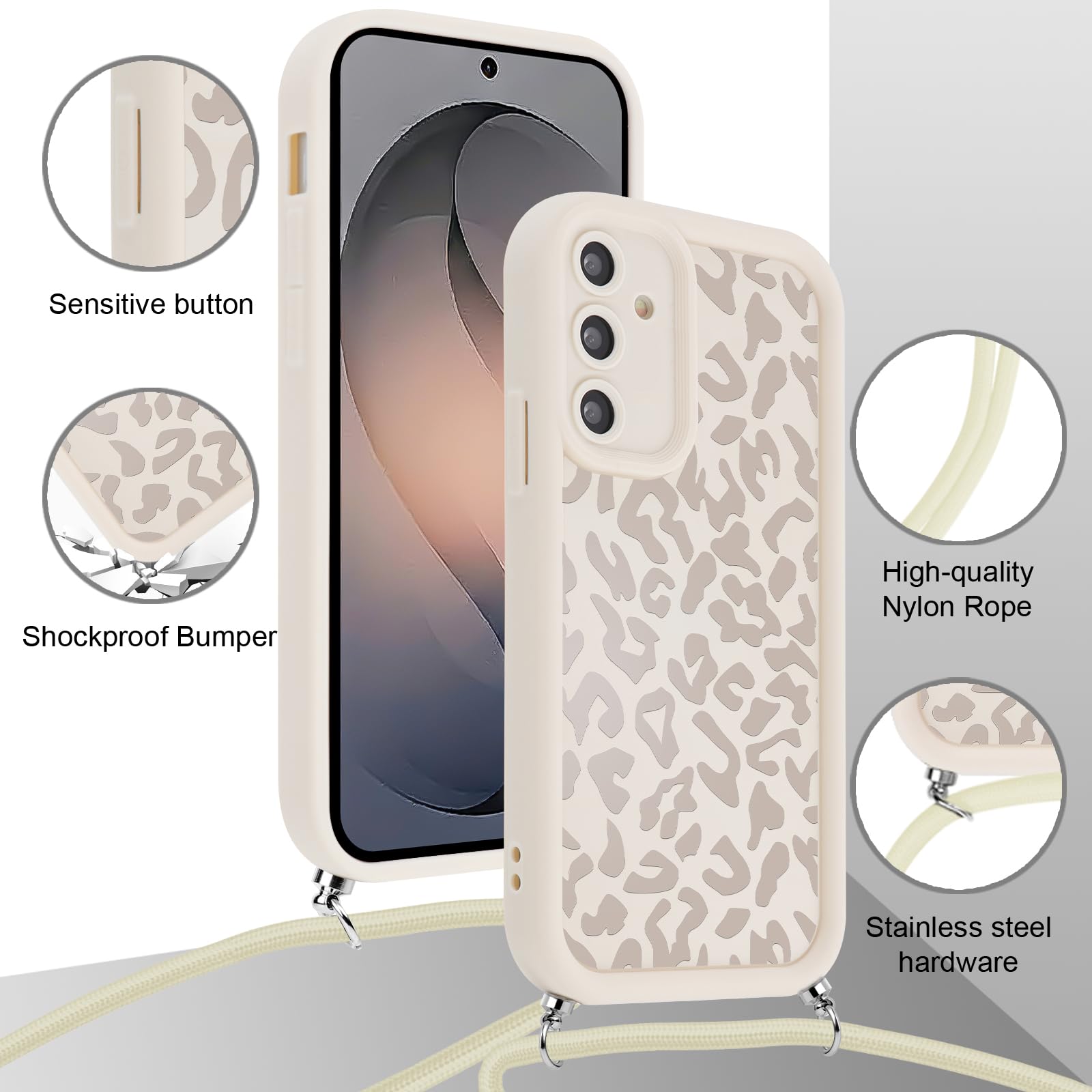 Leopard etui ze sznurkiem do Samsung Galaxy S26, estetyczna biała krowa z motywem rysunków, wisiorek smycz na szyję, silikonowe etui do zawieszenia na Samsung S26 6,3 cala