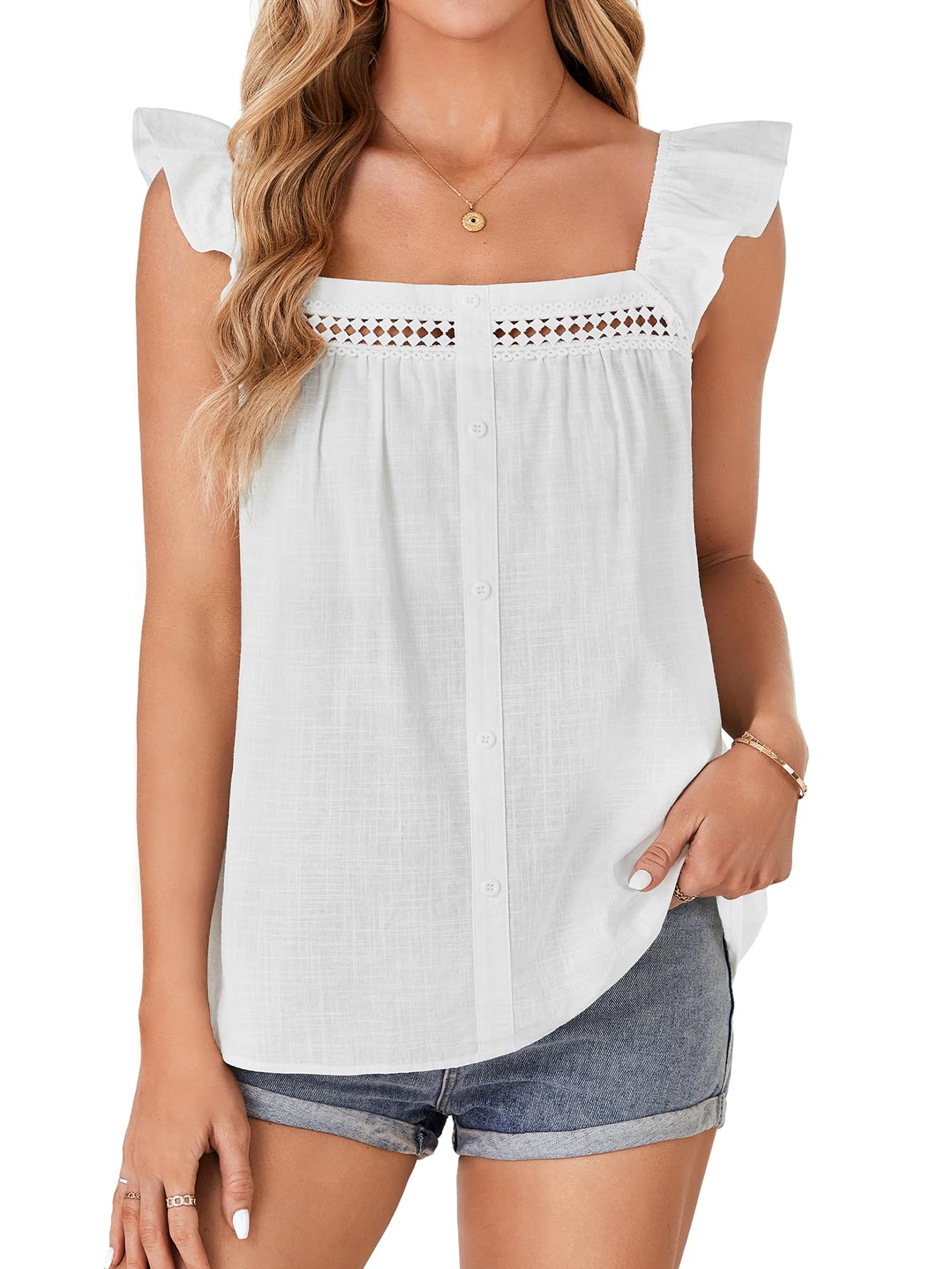 Rooscier Womens Cotton Square Neck Ruffle Sleeveless Lace Crochet Loose Casual Tank Tops