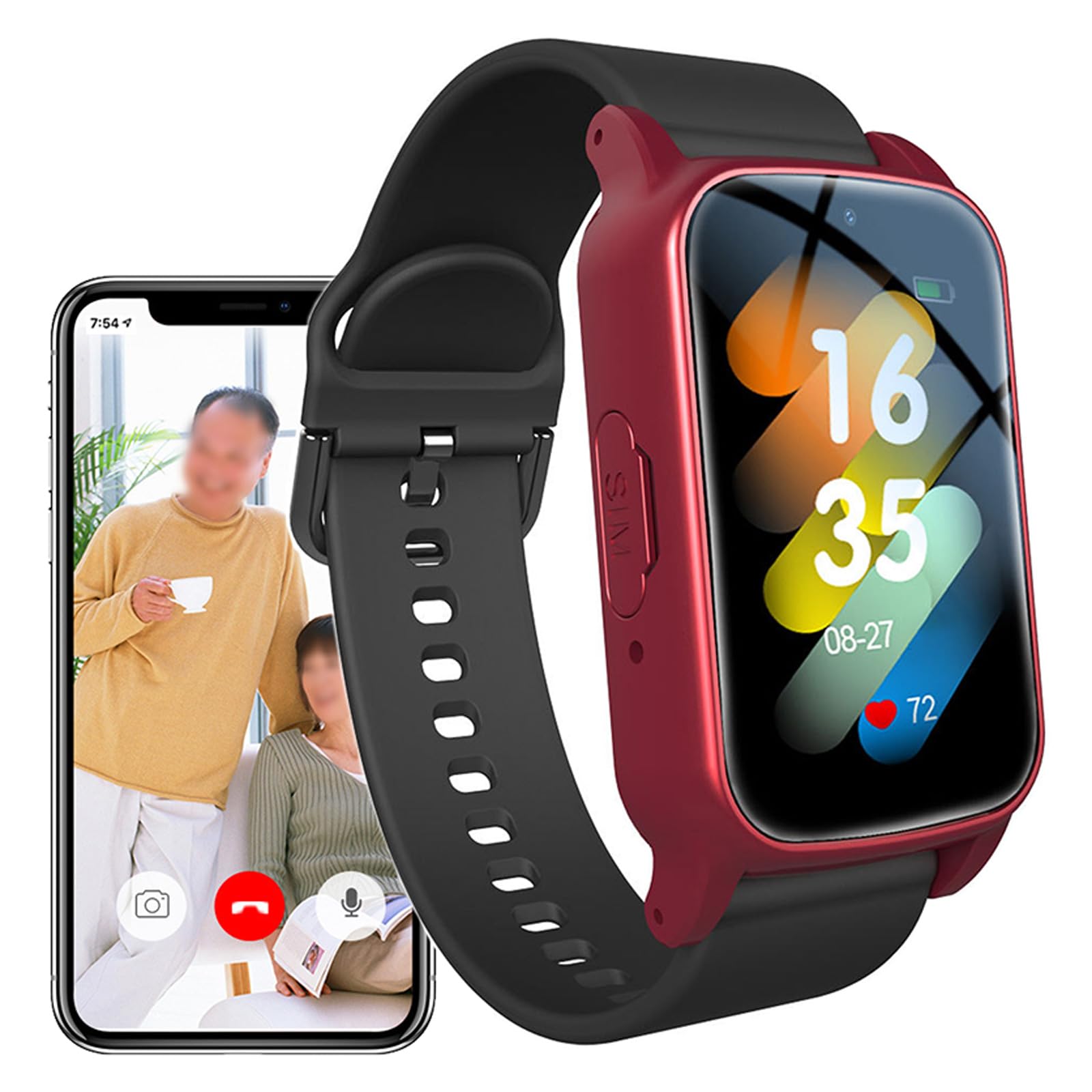 Weyot Red Elderly Alarm Reminder Smart Watch With Sos Emergency Button, Fall Detection Smartwatch For Seniors, Wristband Fall Alert Detection Gps Location Tracking,