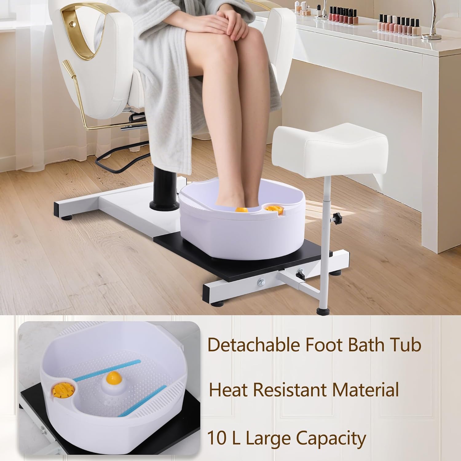 KIGOTY Pedicure Chair No Plumbing with Massage Foot Spa & Stool, Adjustable Hydraulic Lift Reclining Pedicure Station, 360° Swivel Nail Tech Pedicure Chair for Salon Spa Home, Soft White-Gold