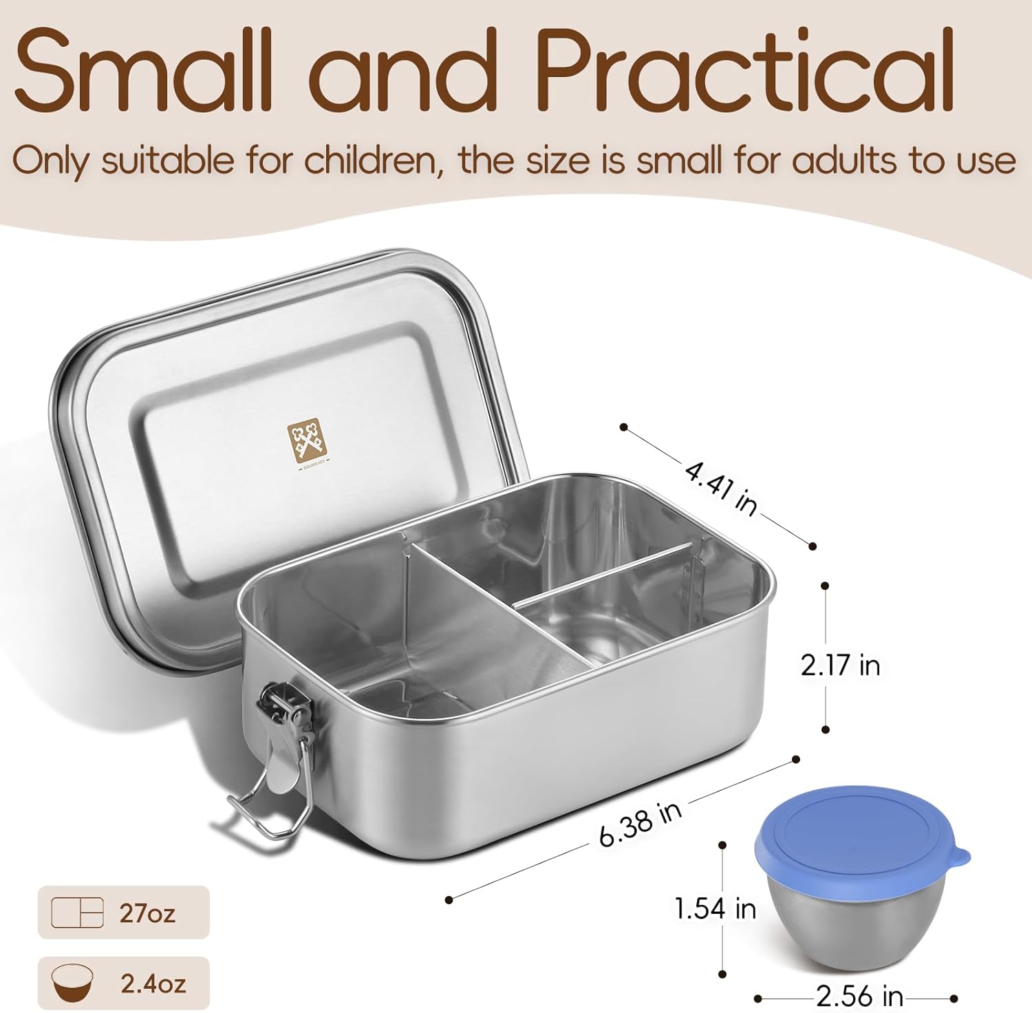 GOLDEN KEY 27oz / 0.8L Bento Box for Kids,18/8 Stainless Steel Lunch Box for Kids with Leakproof Condiment Container,3 Compartment Bento Box for School and Eating Out,Freezer & Dishwasher Safe(Blue)