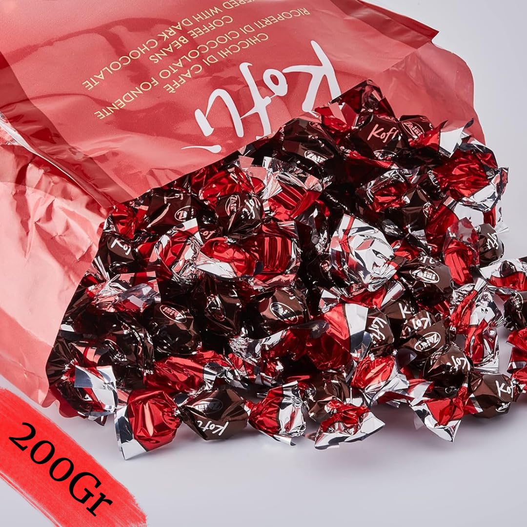 Regalo di Natale 2024 - Scatola Natalizia Tonda + 200gr Koflì Chicchi di Caffè Ricoperti di Cioccolato Fondente + Ramo di Bacca Decorativo - Confezione Regalo (200G KOFLI')