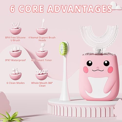 Miniatura 5 de ELOTAME Cepillo de dientes en forma de U, cepillo de dientes eléctrico para niños, 2 cabezales de cepillo en forma de U, 4 reemplazos normales,