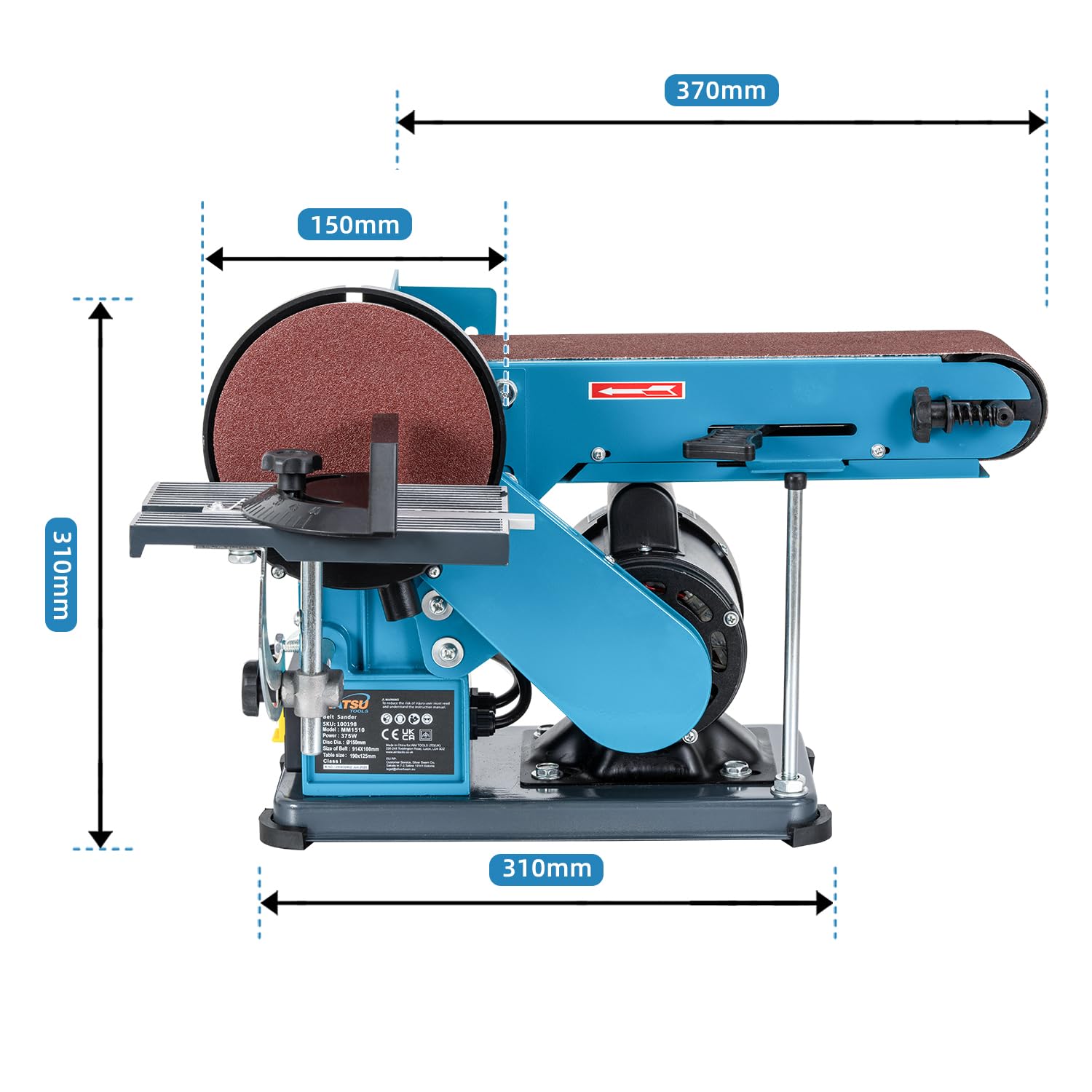 KATSU Tools Lijadora de banda y disco 375 W – disco 150 mm, banda 100×914 mm, mesa ajustable, extracción polvo, madera/metal/plástico | Mesa ajustable y extracción de polvo, ideal para madera y metal, acabado preciso, modelo 100198