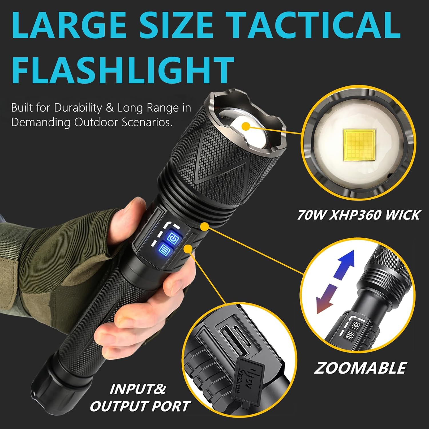 10,000 High Lumens Rechargeable LED Flashlights, 70W High Power XHP360 Wick Super Bright Zoomable Tactical Flashlight with USB Output, Dual Powerd Large Size Flash Light for Emergency Camping Hunting - Image 3