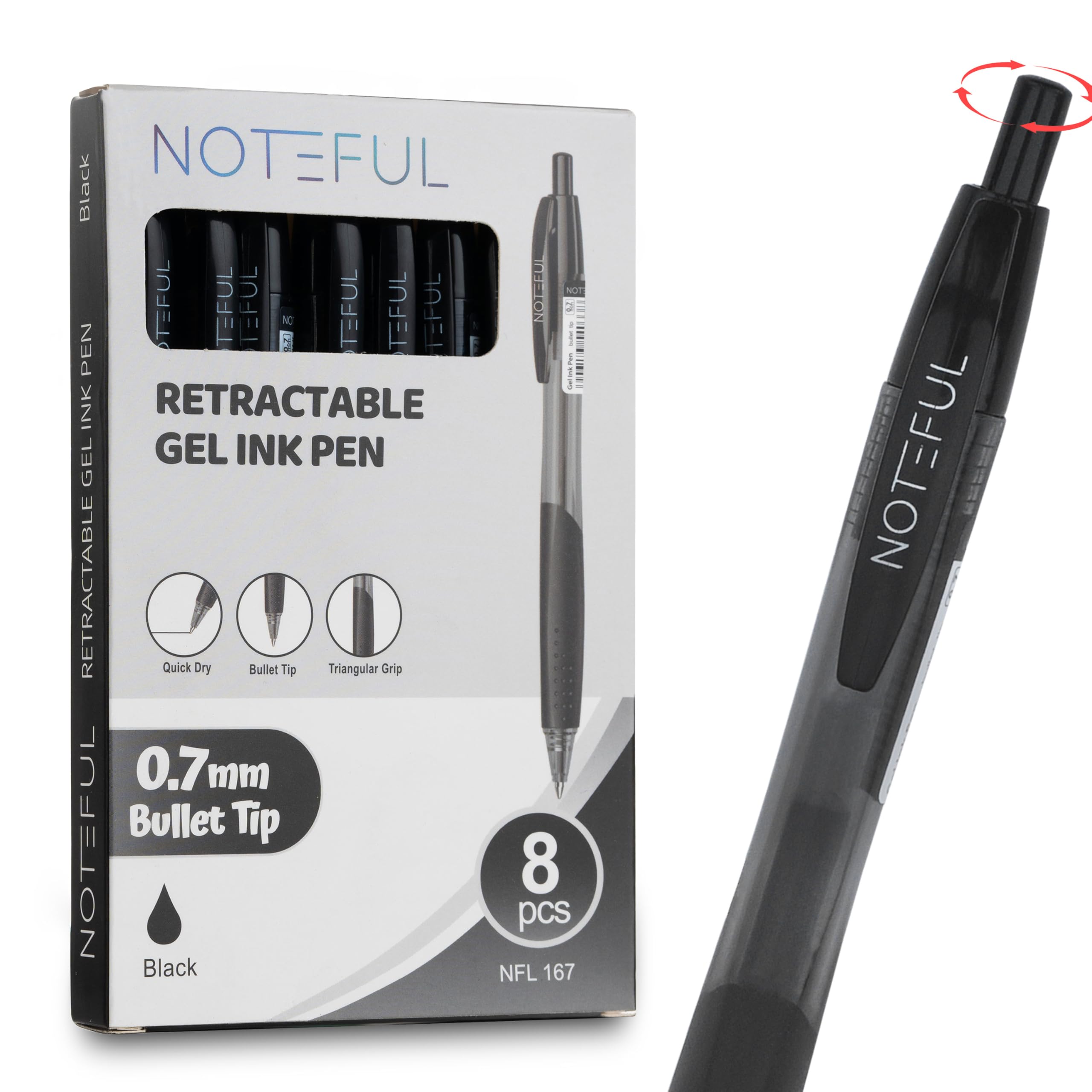 NOTEFUL Retractable Tri Grip Gel Pen For Journaling, Smooth Writing, Black Gel Ink Medium Point Pens (0.7 mm), Pack of 8