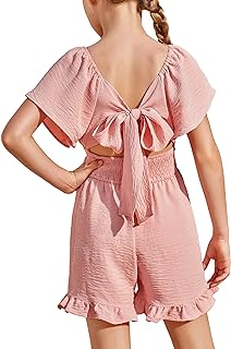 Girls Summer Jumpsuits Tie Back Off Shoulder Short Sleeve One Piece Rompers Ruffle Smocked Casual Shorts Outfits - Buy now