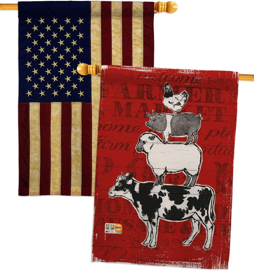 Breeze Decor Barnyard Friends House Flag Pack Cow Horse Rooster Farmhouse Pet Nature Farm Animal Creature Vintage Applique Decoration Banner Small Garden Yard Gift Double-Sided, Made in USA