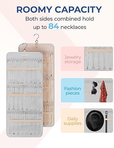 Miniatura 57 de BAGSMART Organizador de collares colgantes, rollo de almacenamiento con ganchos de metal, organizador de joyas de doble cara para collares, pulseras