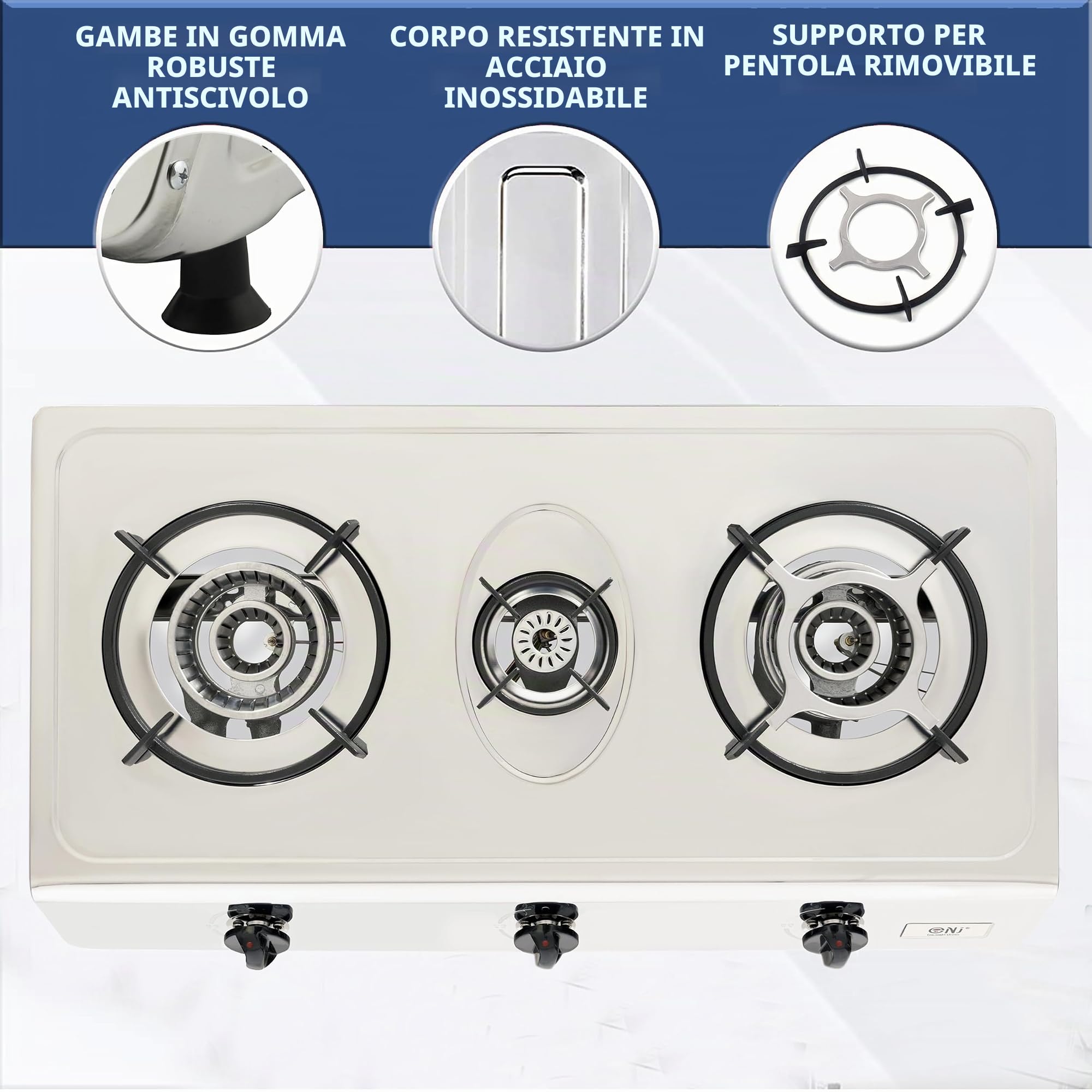 Fornello a gas per interni NJ-3SD - 3 fuochi GPL fornello portatile piano cottura