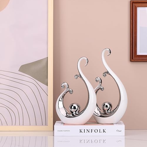 Miniatura 4 de Estatua de cerámica decorativa blanca y plateada, centro de mesa de lujo de arte abstracto moderno, estantes blancos y plateados, decoración de mesa