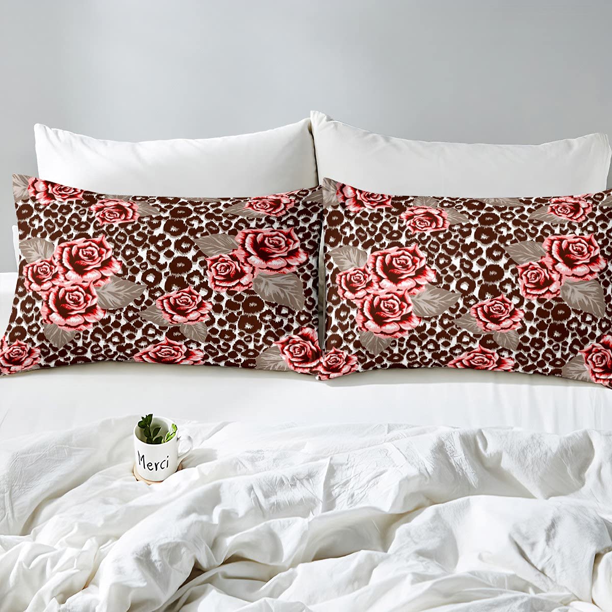 Juego de ropa de cama para niñas y niños con estampado de leopardo y rosas de flores románticas, edredón de plumón de jardín, juego de edredón de doble tamaño