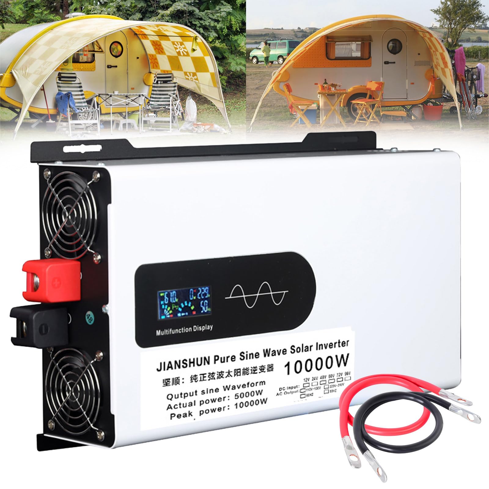 Wechselrichter 5000 W/6000 W/8000 W/10000 W/12000 W Spitzenleistung, Reiner Sinus-Fahrzeug-Wechselrichter mit LCD-Display und 2 AC-Steckdosen, für LKW-Wohnmobil-Solar,48V to 110V-10000W