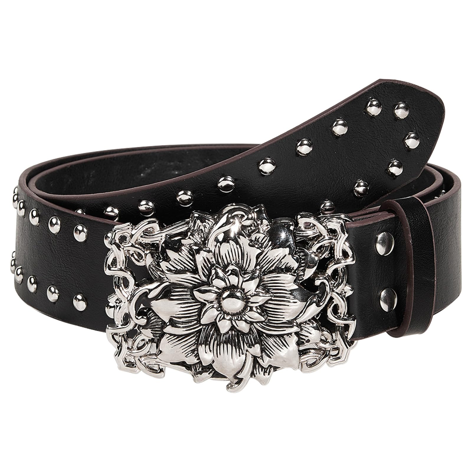 Western Rhinestone Buckle PU Leather Waist Belt Vintage Floral Belt Engraved Hollow Metal Buckle Punk Belt